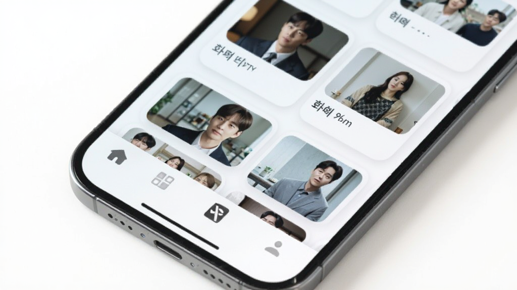 韩剧TV极简版极简界面展示,主体为一部手机正面特写,屏幕中显示韩剧TV极简版简洁的底部导航栏和干净的首页布局,布局上强调留白与卡片式设计,风格为清新浅色极简风,细节上体现圆角卡片、柔和阴影、高清缩略图,画质清晰干净,背景为纯白色,无多余元素,整体画面清爽舒适