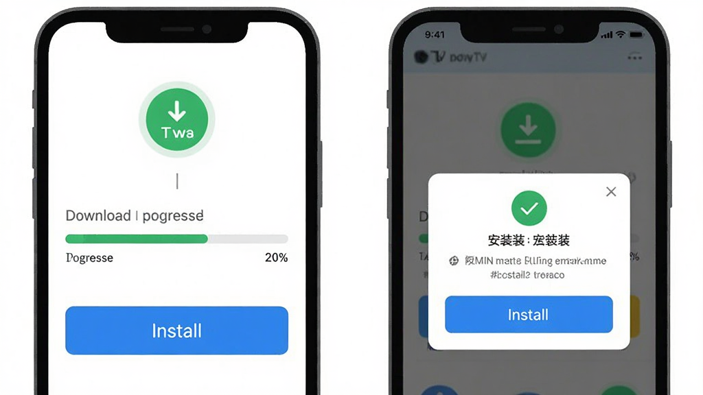 韩剧TV极简版下载安装步骤示意图,主体为手机屏幕显示下载进度条和安装确认弹窗,布局上从上到下依次为下载按钮、进度条、安装界面,风格为扁平化UI风格,细节上体现绿色下载图标、蓝色安装按钮、权限提示文字,画质清晰干净,背景为白色,无多余元素,整体画面直观易懂