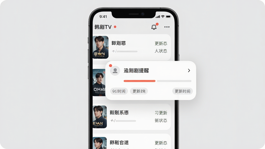 韩剧TV极简版收藏与追剧提醒界面,主体为手机屏幕显示收藏列表和通知提醒弹窗,布局上左侧为剧集海报缩略图、右侧为剧名和更新状态,风格为柔和圆角卡片风,细节上体现红点提醒、进度条、更新时间标签,画质清晰干净,背景为浅灰色,无多余元素,整体画面温馨实用