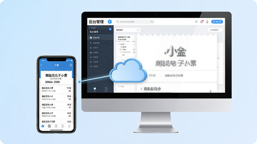 一张展示电脑和手机同时显示“商陆花电子小票”数据同步的图片,电脑屏幕上显示后台管理界面,手机屏幕上显示小票列表,两者通过云朵图标连接,背景为淡蓝色渐变,风格商务简洁,画质清晰,干净无多余元素