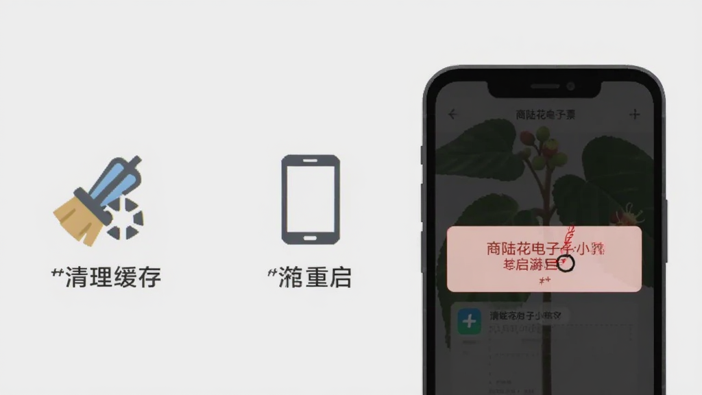 一张展示“商陆花电子小票”在手机上出现闪退提示的图片,旁边有清理缓存和重启手机的图标,背景为浅灰色,风格扁平化,画质清晰,干净无多余元素
