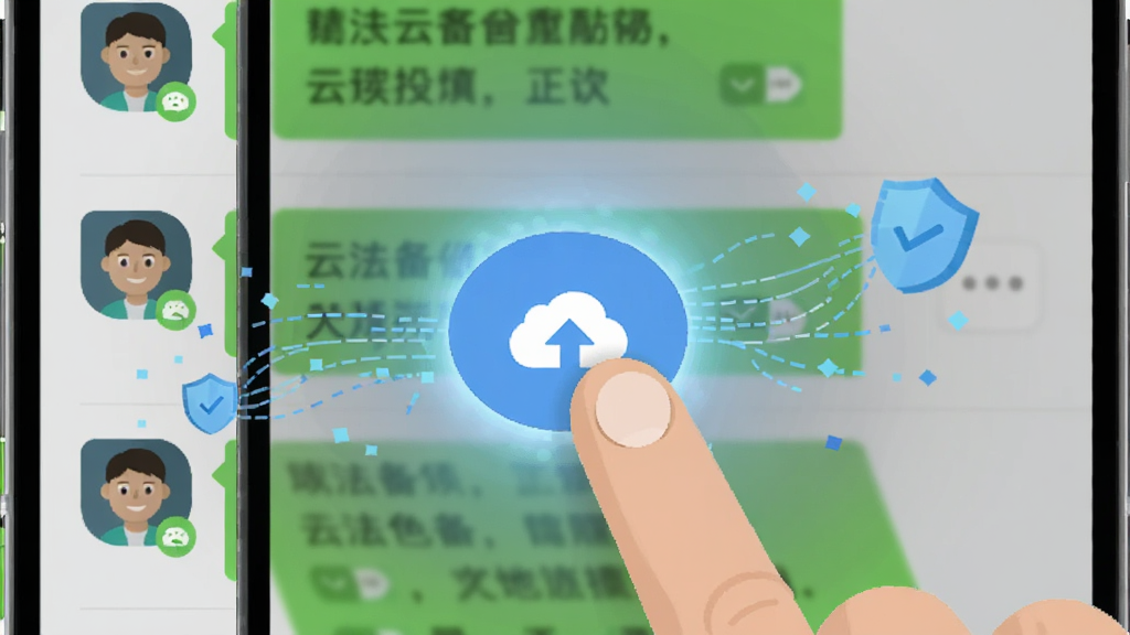 画面主体为一只手指轻触手机屏幕上的云朵备份按钮,按钮周围散发光芒,背景是微信聊天列表和联系人头像,布局为居中构图,风格为现代扁平化设计,细节包括数据流线条和盾牌安全标识,画质高清,干净,无多余元素