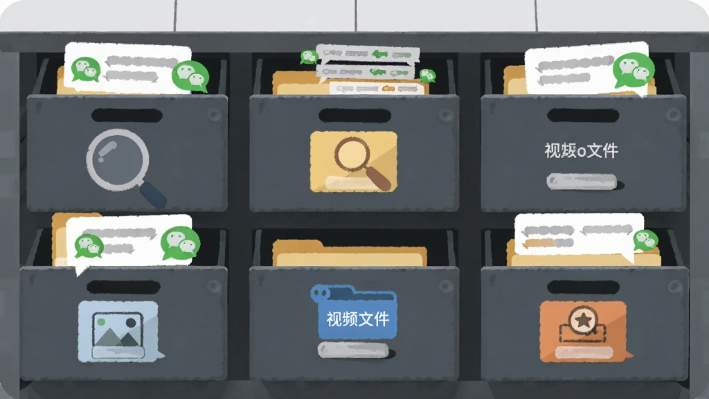 画面主体是一个整理有序的数字档案柜,每个抽屉上标有文字图片视频文件等标签,抽屉中飘出微信对话气泡,布局为对称构图,风格为简约商务插画,细节包括放大镜搜索图标和文件夹分类标签,画质高清,干净,无多余元素