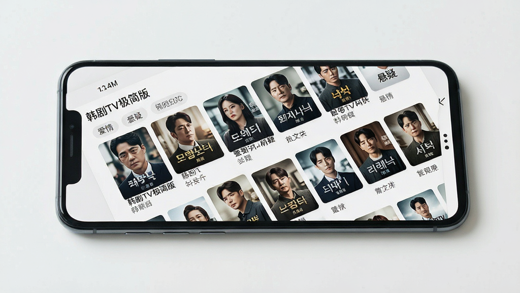 韩剧TV极简版海量资源库展示图,主体为手机屏幕显示分类清晰的韩剧海报网格,布局为手机正面平放,屏幕内呈现多行多列的剧集封面,排版整齐有序,风格为清新简约的移动端界面,细节包括