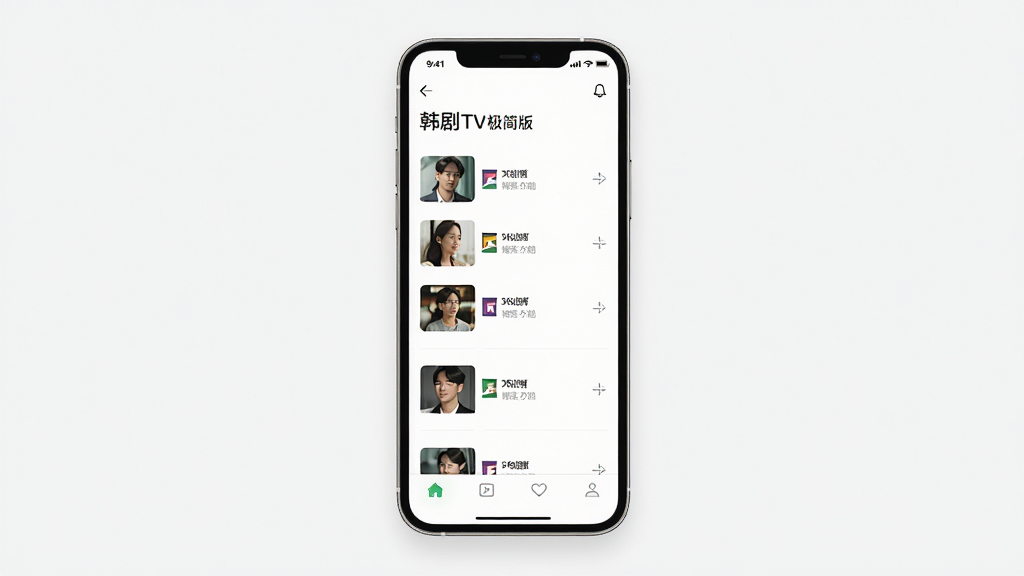 韩剧TV极简版轻量设计对比展示,主体为一部手机屏幕展示极简界面,布局为手机居中,屏幕内仅显示剧集列表和底部导航栏,排版留白充足,风格为极简主义UI,细节包括