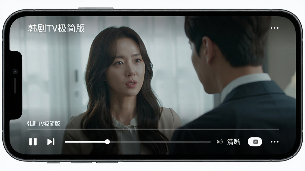 韩剧TV极简版视频播放界面,主体为手机横屏播放韩剧画面,布局为手机横向放置,屏幕内显示正在播放的剧集画面和播放控制栏,排版为全屏播放模式,风格为现代视频播放器UI,细节包括