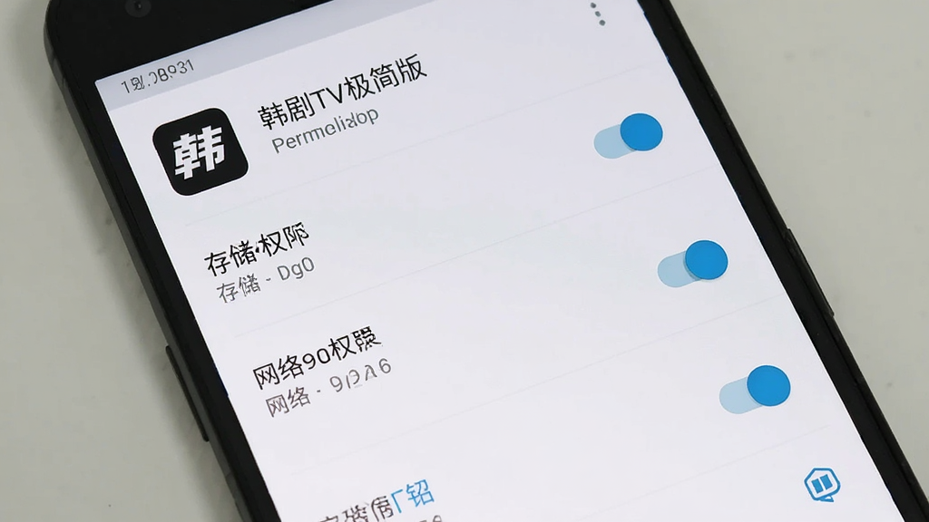 韩剧TV极简版安装设置权限界面,主体为手机屏幕显示权限管理页面,布局为手机正面,屏幕内呈现权限开关列表,排版为纵向列表,风格为安卓系统设置界面,细节包括