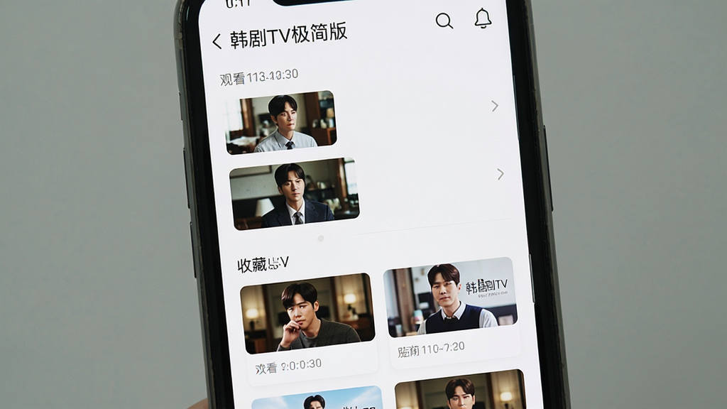 韩剧TV极简版收藏与记录界面,主体为手机屏幕显示个人中心页面,布局为手机正面,屏幕内呈现观看历史列表和收藏剧集卡片,排版为纵向列表,风格为清爽移动端设计,细节包括