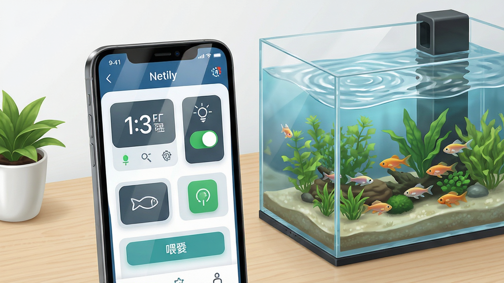 一个现代简约风格的水族智能控制界面展示图,画面中央是一部智能手机,手机屏幕上显示尼特利智能App的鱼缸控制面板,面板上有水温数字、灯光开关、过滤状态、喂食按钮等模块,手机旁边摆放着一个透明玻璃鱼缸,缸内有水草和小鱼,背景是浅色木质桌面,整体布局干净整洁,风格为科技感与生活感结合的写实插画,细节包括手机屏幕的高光反射、鱼缸水面的波纹、桌面上的绿植点缀,画质高清,画面干净,无多余元素