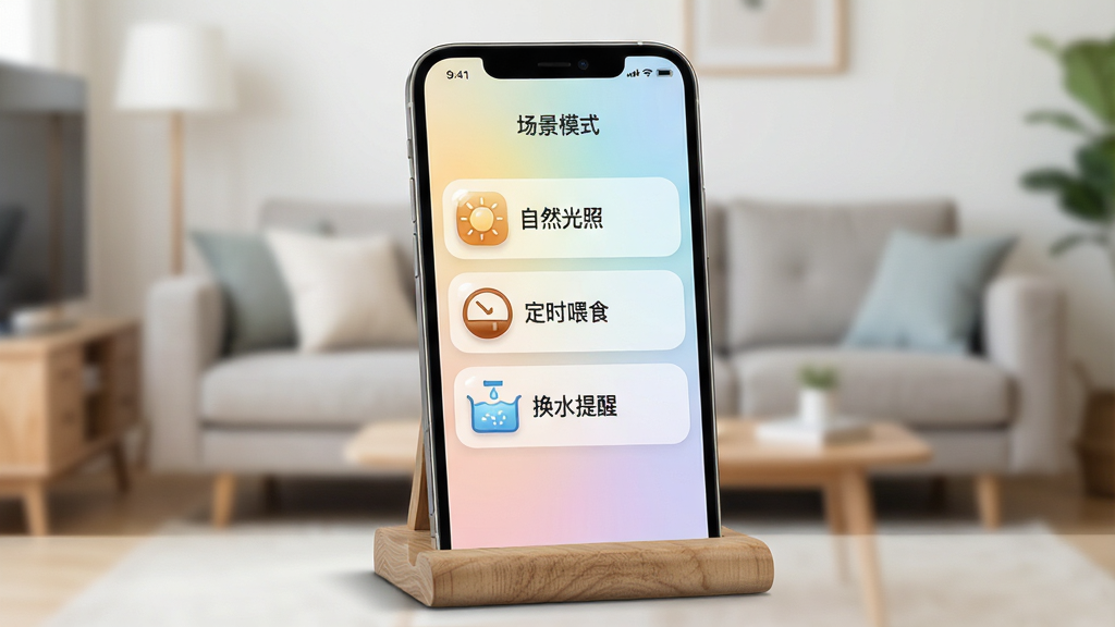 一张展示尼特利智能App智能场景设置界面的图片,画面主体为手机屏幕,屏幕上显示场景模式列表,包括“自然光照”“定时喂食”“换水提醒”等选项,每个选项旁边有对应的小图标,手机放置在一个木质支架上,背景是模糊的客厅环境,风格为清新简约的UI展示图,细节包括屏幕上的柔和渐变背景、图标的高光质感、手机边缘的阴影,画质清晰,画面干净,无多余元素