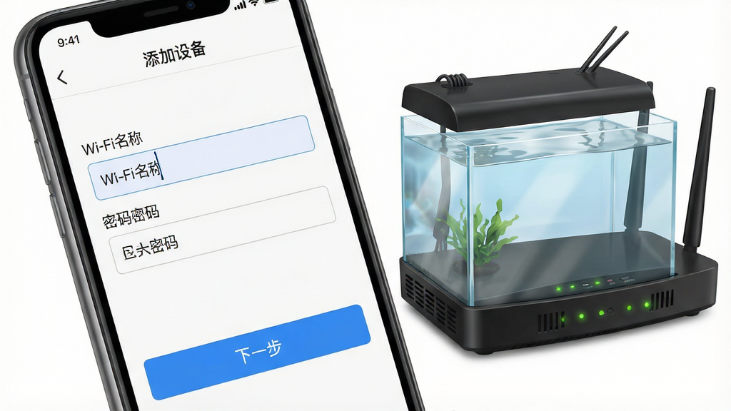 一张展示手机端尼特利智能App配网步骤的示意图,画面为手机屏幕特写,屏幕上显示“添加设备”页面,有Wi-Fi名称输入框和密码框,下方有“下一步”按钮,手机旁边有一个小型鱼缸和路由器,风格为写实教程插图,细节包括屏幕上的输入光标、路由器的指示灯、鱼缸的玻璃反光,画质清晰,画面干净,无多余元素