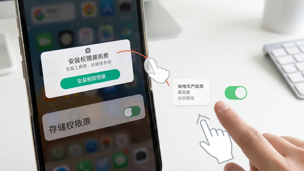 实用工具大师新手操作示意图,画面展示一部手机屏幕特写,屏幕上显示安装权限弹窗和存储权限开关,旁边有手指点击操作的示意,背景为简洁的桌面环境,风格清晰直观,画质明亮干净,无多余元素