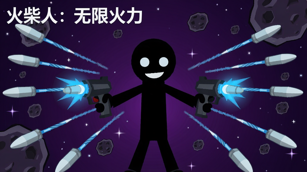 一个黑色火柴人站在画面正中央,双手各持一把冒蓝光的能量枪,向四周呈放射状发射密集子弹,背景是深紫色星空与漂浮的陨石,画面左上角写着