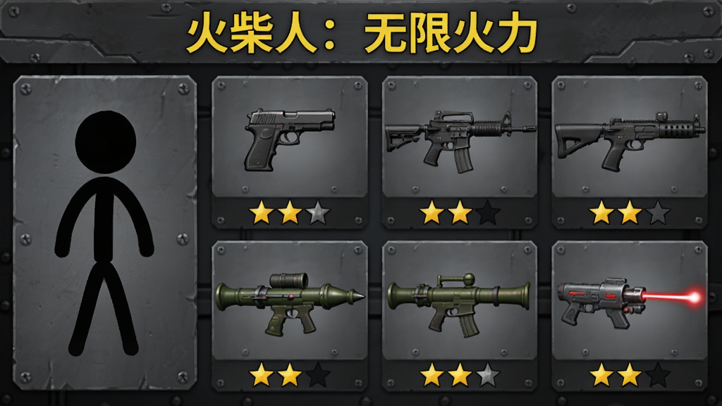 画面展示一个武器陈列界面,左侧是黑色火柴人角色,右侧排列着六把不同造型的枪械,包括手枪、步枪、火箭筒和激光炮,每把武器下方有星级评分,背景是深灰色金属质感面板,顶部用黄色字体写着