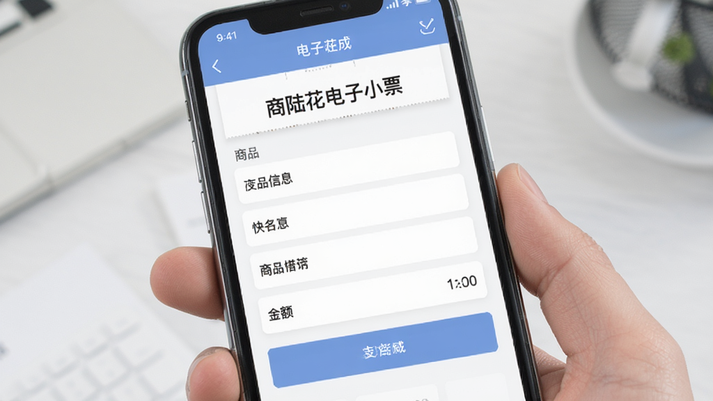 商陆花电子小票 快速生成电子小票功能界面 手机屏幕显示填写商品信息和金额的页面 有商陆花电子小票字样 布局整齐 浅色商务风格 细节清晰 画质干净 无多余元素