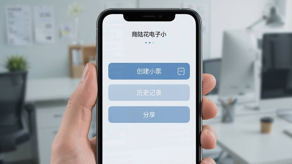 商陆花电子小票 操作界面展示 手机屏幕显示简洁的功能菜单 有创建小票 历史记录 分享等按钮 布局清晰 浅色背景 商务风格 细节清晰 画质干净 无多余元素