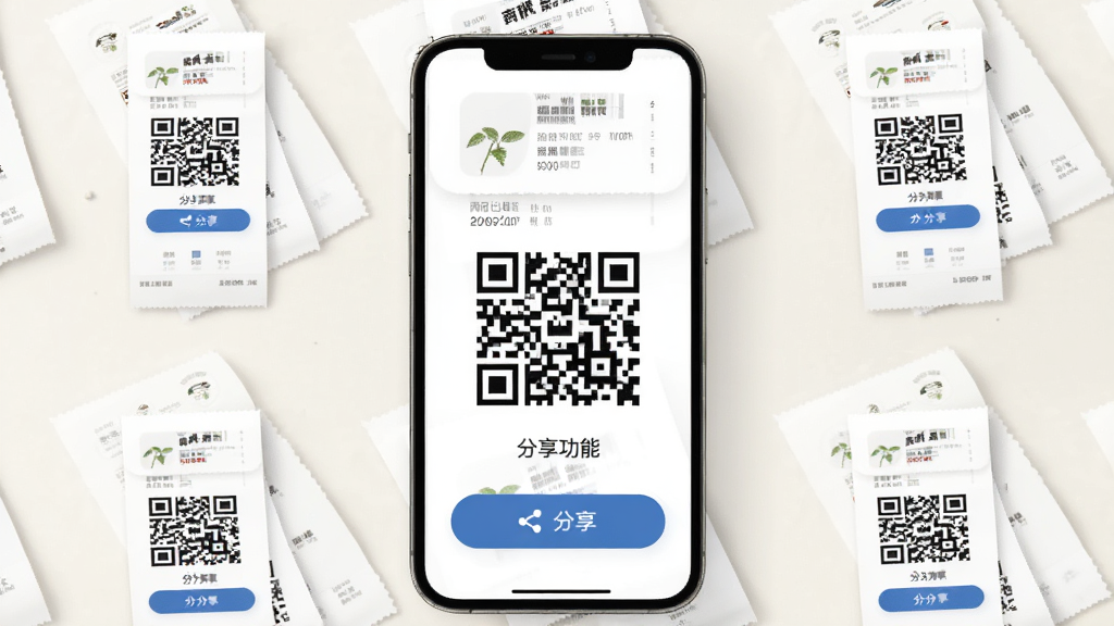 商陆花电子小票 分享功能展示 手机屏幕显示二维码和分享按钮 周围有电子小票缩略图 界面简洁 浅色背景 商务风格 细节清晰 画质干净 无多余元素