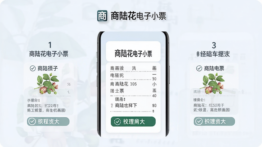 商陆花电子小票 使用教程示意图 手机屏幕显示操作步骤 有商陆花电子小票字样 布局清晰 浅色背景 商务风格 细节清晰 画质干净 无多余元素