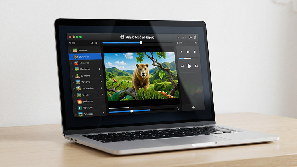 һ̨��ɫ�ʼǱ����Է��ڸɾ���ǳɫľ���ϣ���Ļ����ʾ��ƻ������Apple Media Player�������������棬���������ɫ��������ɫ�������������������ڲ���һ��ɫ�����޵���Ȼ��¼Ƭ�����ܲ��ּ�࣬���Ϊ�����б����Ҳ�Ϊ������壬�������ִ��Ƽ��У�ϸ����������Ļ������Ȼ������4K���壬�ɾ��޶���Ԫ��