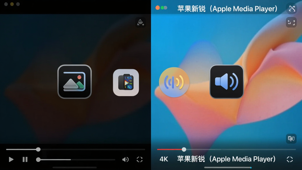 һ�ŷ����Ա�ͼ�����Ϊ��ͨ����������ƫ�����Ҳ�Ϊ��ƻ������Apple Media Player����������������������ɫ�ʱ��������������л�����ǿͼ������Ч����ͼ�꣬�������ҶԳƣ�����ִ��Ƽ���ϸ�ڷḻ������4K���ɾ��޶���Ԫ��