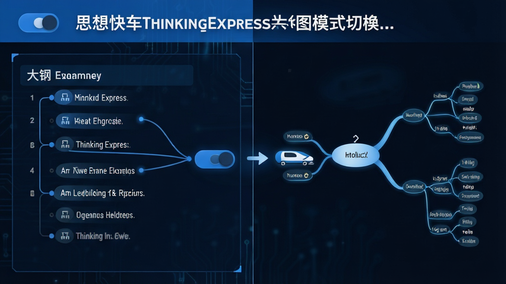 一张展示思想快车ThinkingExpress大纲模式与导图模式切换的示意图,主体为左右分屏对比,布局为左侧大纲列表右侧思维导图,排版对称,风格为科技蓝白配色,细节包括切换按钮、节点对应高亮线,画质清晰干净无多余元素