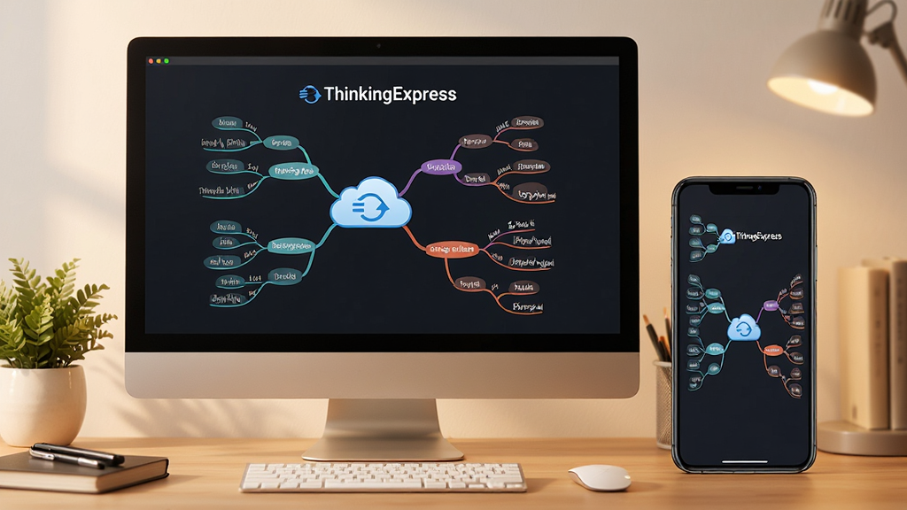 一张展示思想快车ThinkingExpress在电脑和手机双端同步使用的场景图,主体为桌面显示器与智能手机并排,布局为左电脑右手机,排版居中,风格为温馨办公风,细节包括屏幕中相同的思维导图内容、云同步图标、桌面绿植,画质清晰干净无多余元素