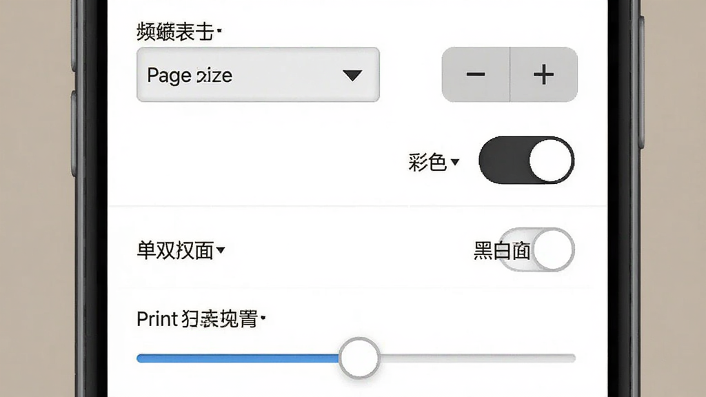 一幅PrinterShare打印参数设置界面的示意图,画面展示手机屏幕上多个可调节选项,包括纸张大小下拉菜单、份数加减按钮、彩色与黑白切换开关、单双面选择以及打印质量滑块,布局整齐有序,风格为简洁商务风,细节突出各设置项的文字标签,画质清晰,无多余元素