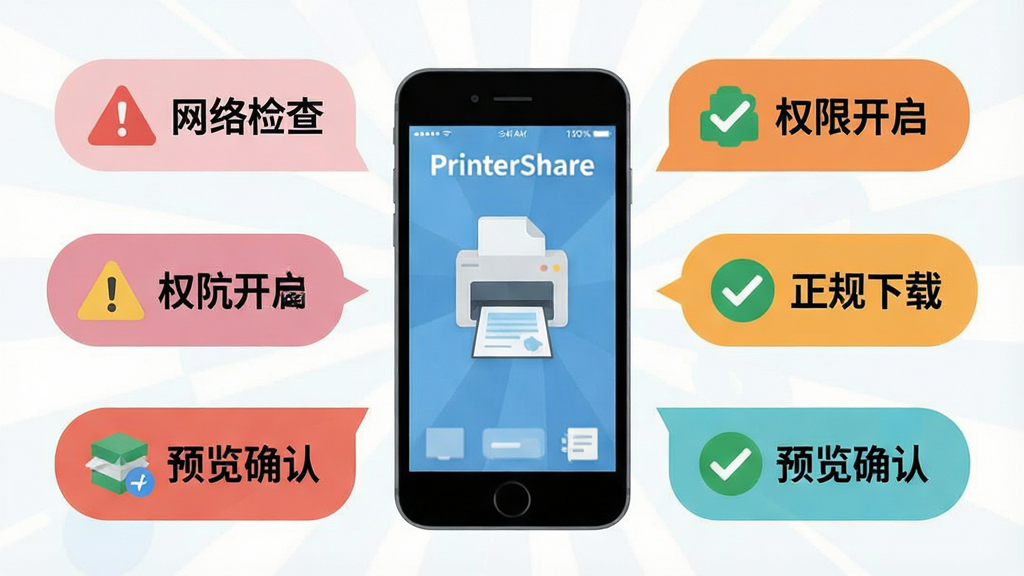 一幅展示PrinterShare新手使用避坑指南的图文信息图,画面以手机屏幕为中心,周围环绕多个提示气泡,分别标注网络检查、权限开启、正规下载、预览确认等要点,布局呈放射状,风格为清新扁平化,细节包含警示图标和对勾图标,画质清晰干净,无多余元素