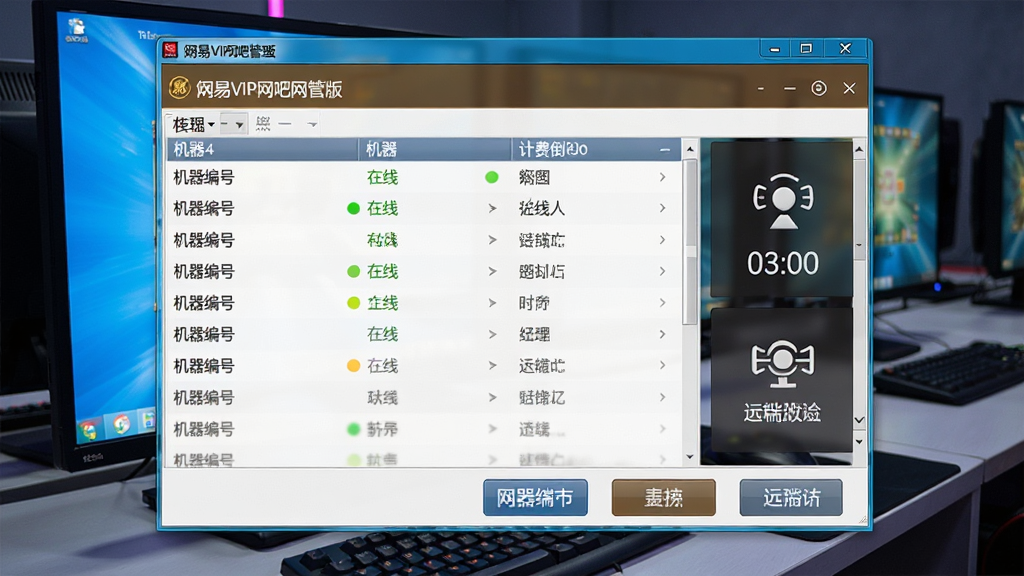 一张表现“网易VIP网吧网管版”终端管控功能的图片,画面主体是网吧电脑桌面上的管理客户端窗口,布局为顶部状态栏、中部机器列表、底部操作按钮,风格为写实科技风,细节包括机器编号、在线状态指示灯、计费倒计时和远程控制图标,画质清晰,干净,无多余元素