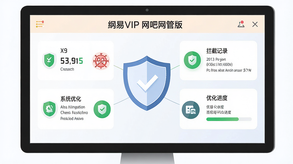 一张展示“网易VIP网吧网管版”安全防护功能的图片,画面主体是电脑屏幕上的安全中心界面,布局为中央盾牌图标、周围环绕病毒拦截和系统优化数据,风格为现代扁平化设计,细节包括绿色安全标识、拦截记录列表和优化进度条,画质清晰,干净,无多余元素