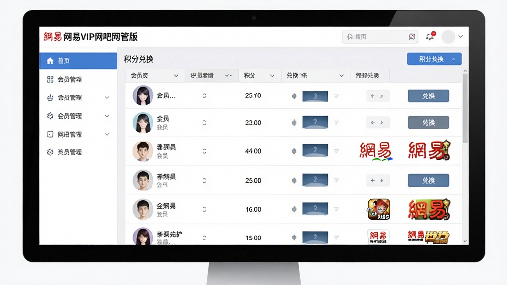 一张展示“网易VIP网吧网管版”会员管理界面的图片,画面主体是电脑屏幕上的会员列表和积分兑换面板,布局为左侧导航栏、右侧数据表格,风格为简洁的商务UI风格,细节包括会员头像、积分数字、兑换按钮和网易游戏图标,画质清晰,干净,无多余元素