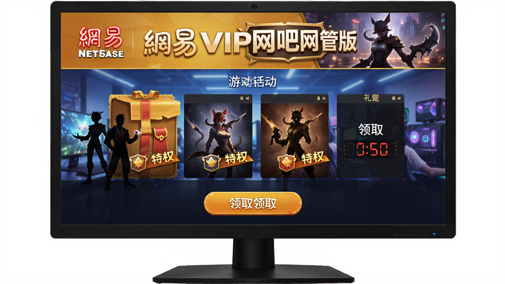 一张表现“网易VIP网吧网管版”游戏特权功能的图片,画面主体是网吧电脑屏幕上的游戏活动页面,布局为顶部横幅、中部礼包列表、底部领取按钮,风格为游戏化视觉风格,细节包括网易游戏角色剪影、特权标签和倒计时,画质清晰,干净,无多余元素