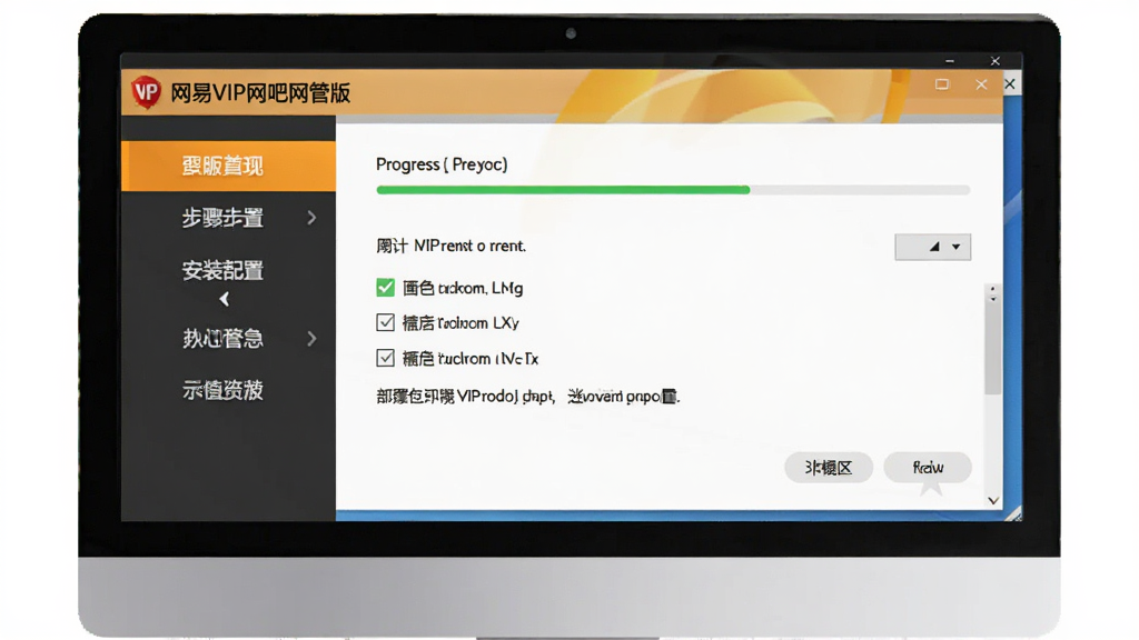 一张展示“网易VIP网吧网管版”安装部署流程的示意图,画面主体是电脑屏幕上的安装向导界面,布局为左侧步骤导航、右侧配置选项,风格为简洁的软件安装界面风格,细节包括进度条、勾选框和提示文字,画质清晰,干净,无多余元素