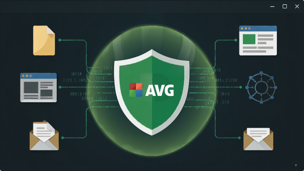 AVG杀毒软件实时防护界面,屏幕中央显示绿色盾牌和