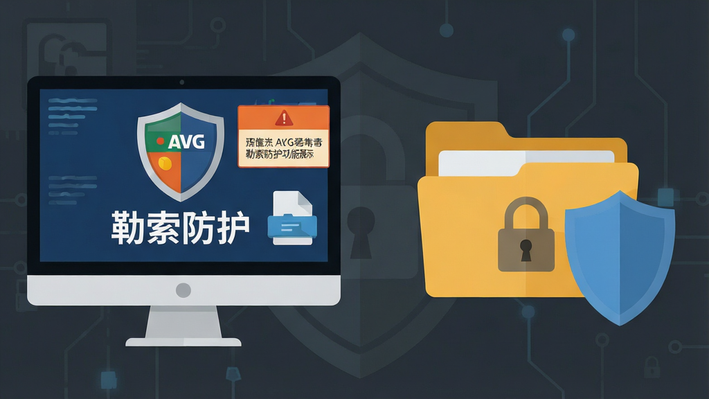 AVG杀毒软件勒索防护功能展示,画面左侧是一台电脑屏幕显示