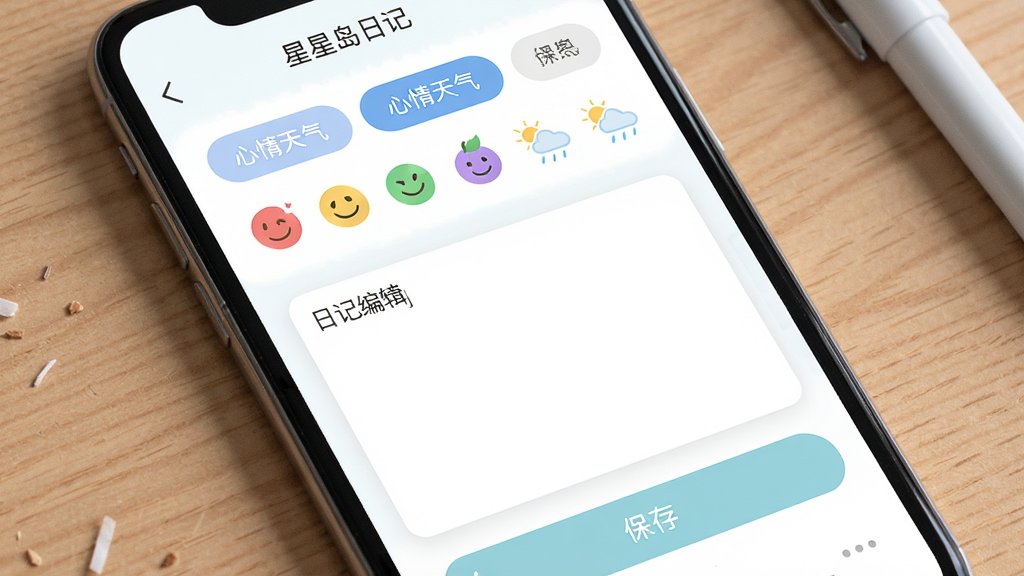 ���ǵ��ռ�Ӧ����ҳչʾ������Ϊ�ռǱ༭���棬����Ϊ�Ϸ�����������ǩѡ�������м�����������·����水ť���Ű������ֲ㣬������ǳɫ��ϸ�ڰ�����ɫ����ͼ�������Сͼ�꣬���ʸ���ɾ����޶���Ԫ��