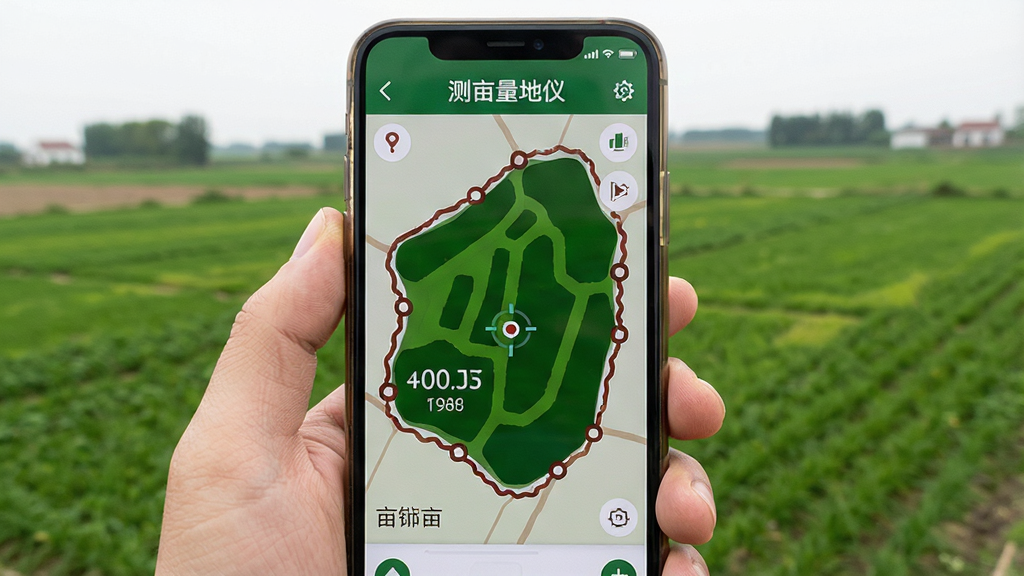 手机界面展示GPS轨迹围绕不规则农田形成闭合图形,屏幕上方显示