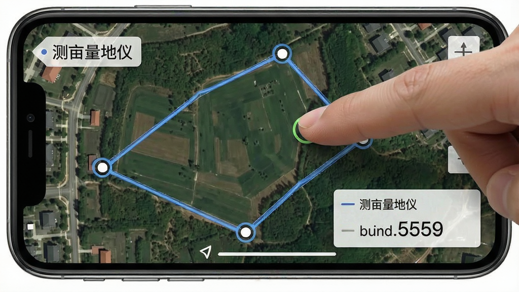 手机屏幕显示卫星地图上手动勾画多边形地块,画面中有
