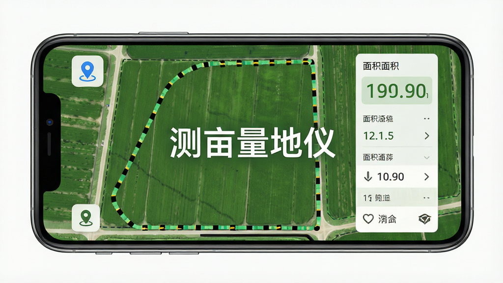 手机屏幕中显示绿色农田地块地图与测量轨迹线,画面中央有