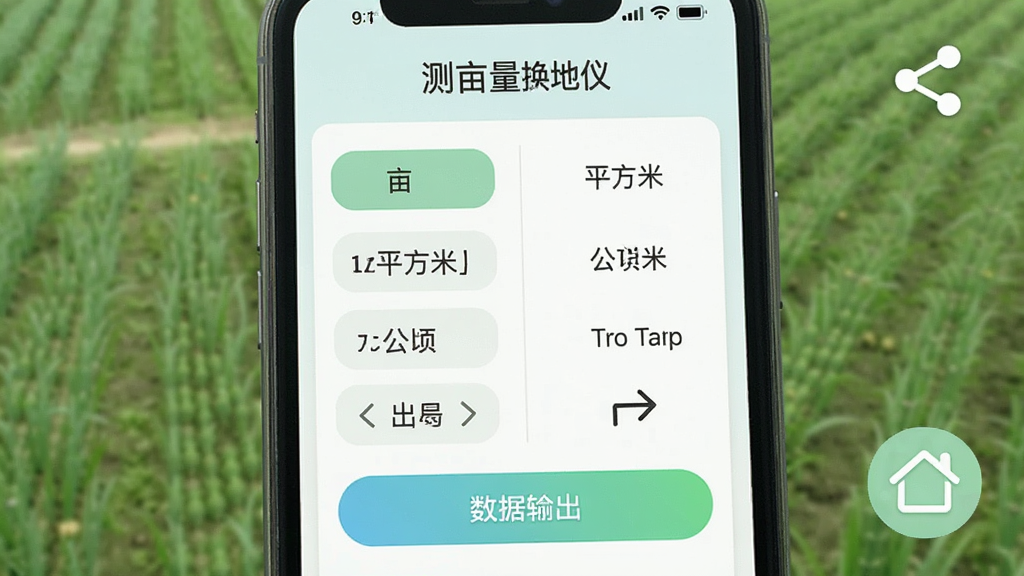手机屏幕显示单位换算面板与数据导出按钮,画面中有