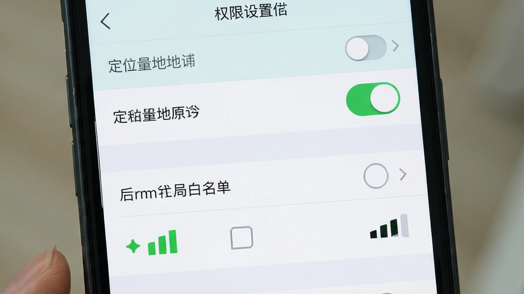 手机屏幕显示测亩量地仪权限设置界面与GPS信号强度指示,主体为手机设置页面,布局为上下分栏排版,风格为清新浅色风,细节包含定位权限开关、后台白名单选项、信号格图标,画质高清,干净,无多余元素