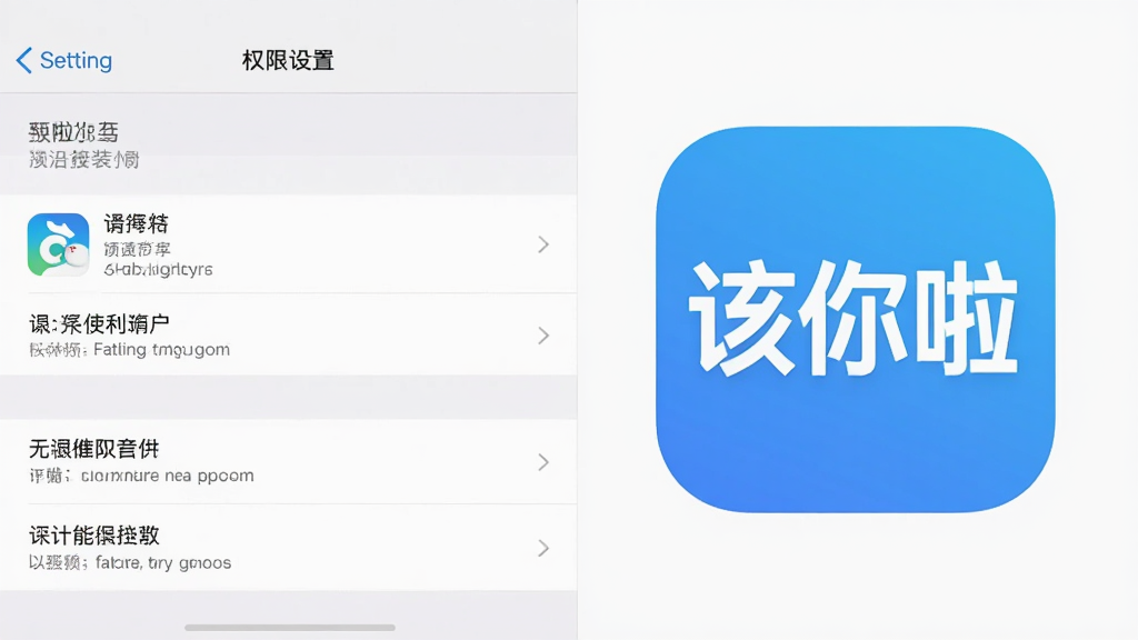 该你啦软件在手机上的安装与权限设置界面,画面展示手机设置页面与软件图标,布局为左右分栏,左侧是设置选项,右侧是该你啦应用图标,风格写实,细节上设置选项文字清晰,图标有圆角,画质高清,干净,无多余元素
