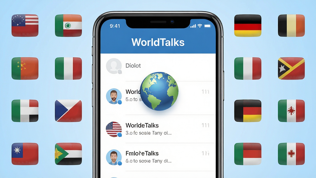 WorldTalks应用主界面展示,画面中央是一部智能手机,屏幕上显示WorldTalks聊天列表和地球图标,背景为淡蓝色渐变,四周环绕各国国旗小图标,风格简洁现代,细节清晰,画质干净,无多余元素