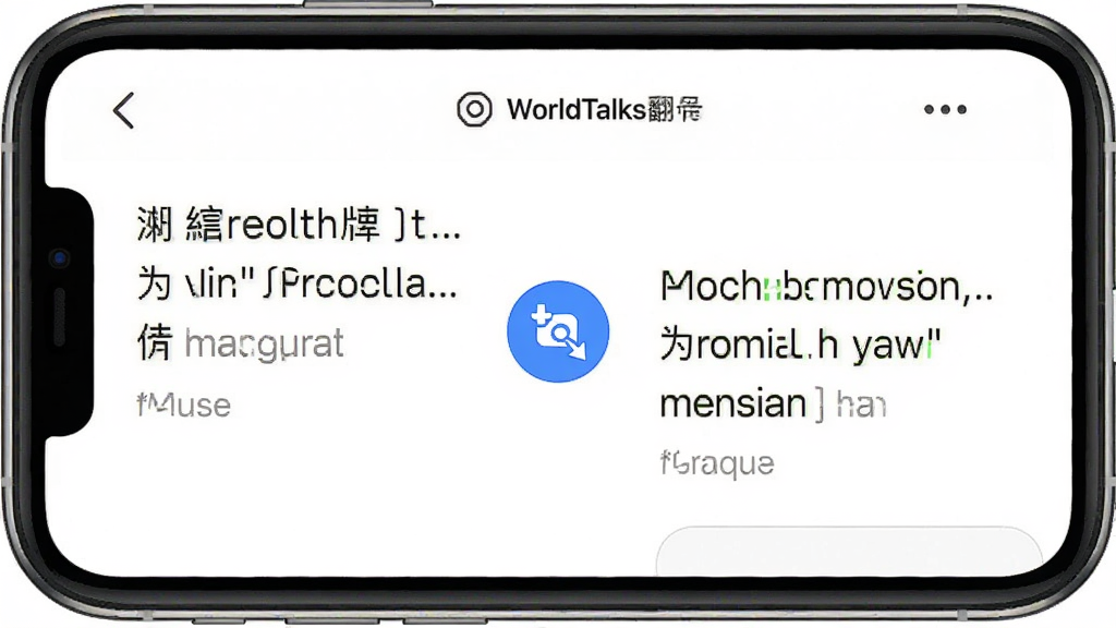 WorldTalks翻译功能界面,手机屏幕显示中英双语聊天记录,左侧中文右侧英文,中间有翻译箭头图标,背景为白色,风格清爽,细节清晰,画质干净,无多余元素