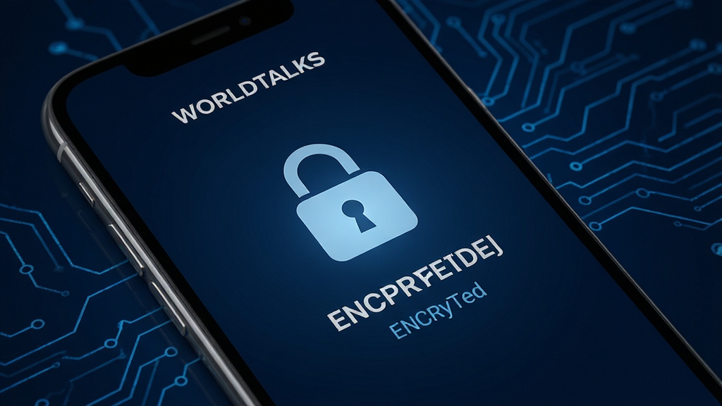 WorldTalks隐私安全界面,手机屏幕显示锁形图标和加密字样,背景为深蓝色科技感线条,风格稳重,细节清晰,画质干净,无多余元素
