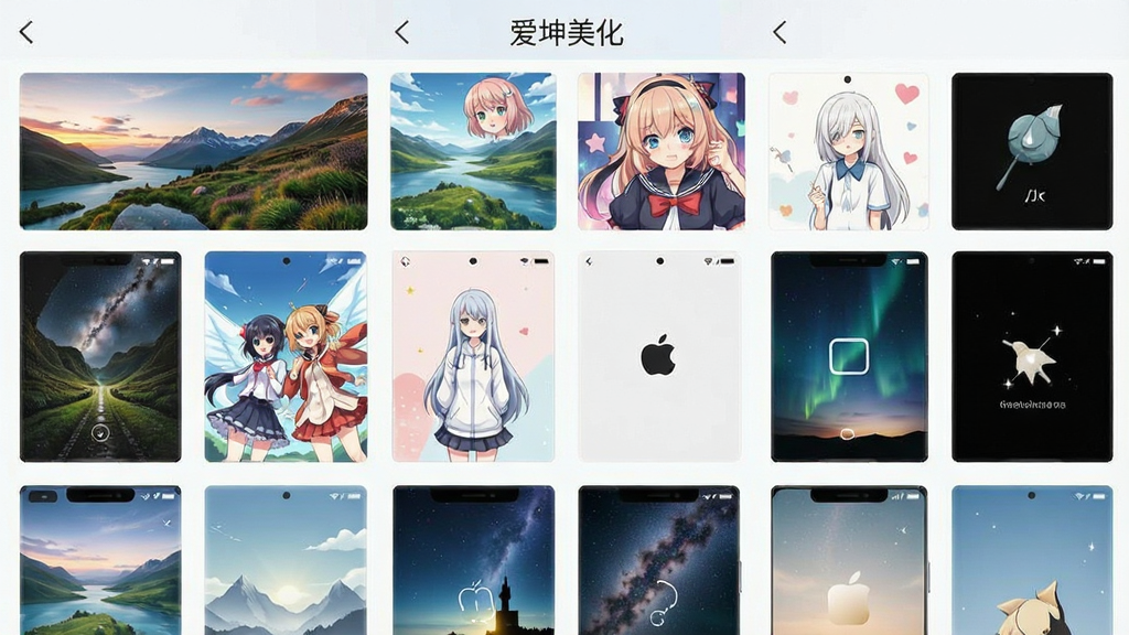 一部手机屏幕展示琳琅满目的主题壁纸缩略图墙,包含风景、动漫、简约等多种风格,界面顶部有“爱坤美化”字样,布局整齐,风格清新明亮,细节清晰,画质干净无多余元素