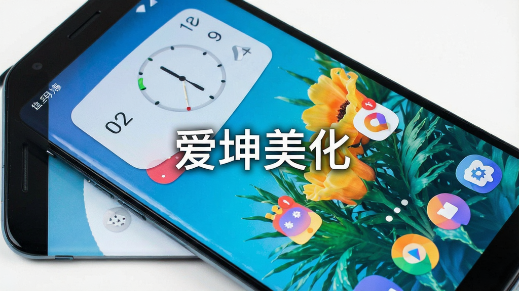 一部安卓手机屏幕展示色彩鲜艳的个性化桌面主题,包含创意图标、时钟小组件与高清壁纸,画面中央显示软件名称“爱坤美化”,整体风格清新时尚,细节丰富,画质清晰,干净无多余元素