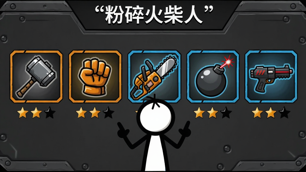����չʾһ������չʾ���棬���������������Ŵ󴸡�ȭ�ס���⡢ը���ͼ���ǹ��������ͼ�꣬ÿ��ͼ���·����Ǽ����֣����������ɫ�����ʸ���壬����˽�ɫվ������ǰ��������ѡ���ƣ�������Ϊ��ƽ��ͨ�ӿƼ��б߿���ɫ�Ժڡ��ҡ��ȡ���Ϊ����ϸ��������ͼ����й���߹⣬���������ɾ����޶���Ԫ�أ�ͼƬ���������ű�ע����
