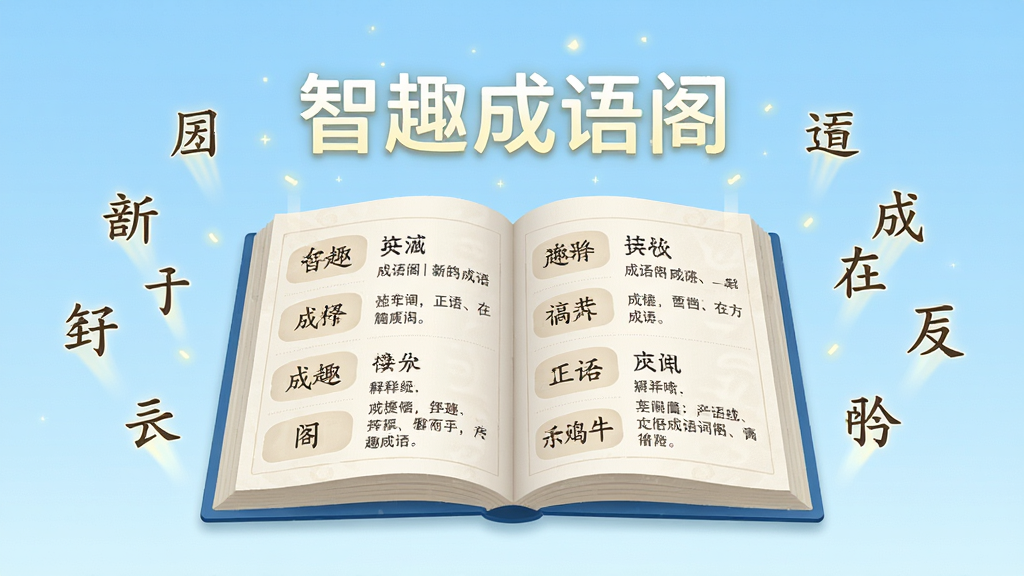 智趣成语阁海量成语词库界面,画面展示一本翻开的电子书,书页上整齐排列成语词条与释义,书页上方悬浮
