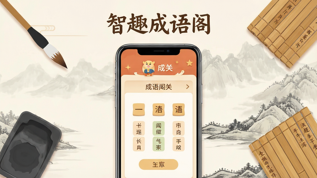 智趣成语阁手机应用主界面展示,画面中央放置一部智能手机,屏幕显示成语闯关答题界面,上方有